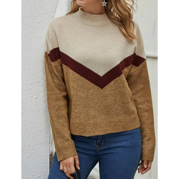 Cream, maroon, tan long sleeve sweater. Soft & cozy. - Picture 3 of 4